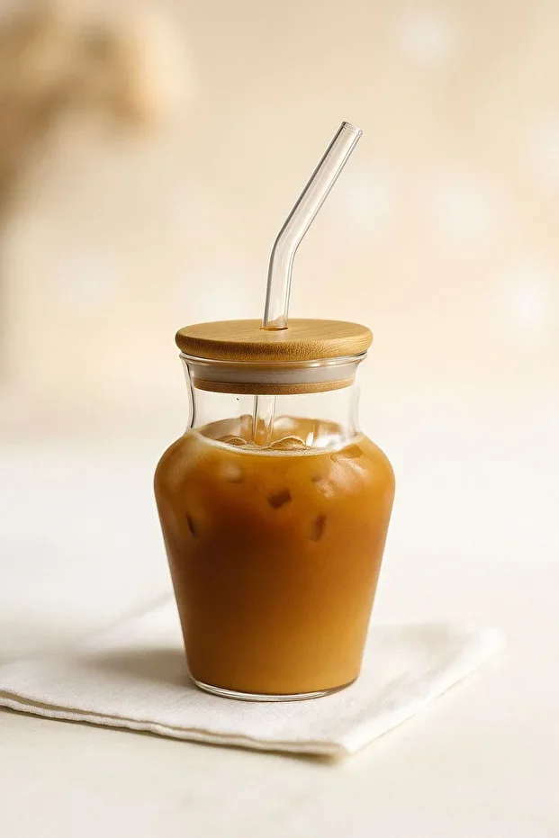 Tasse en verre forme jarre & paille