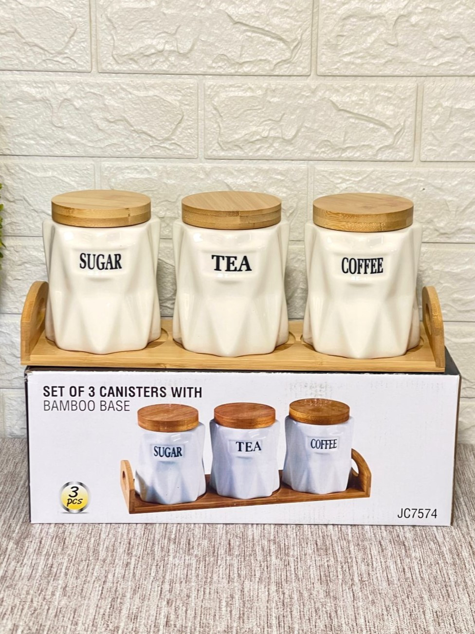 Ensemble de canister de cuisine 3pcs en céramique avec support en bois