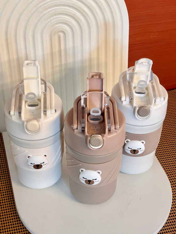 Thermos bouteille motif ours avec paille 420ml