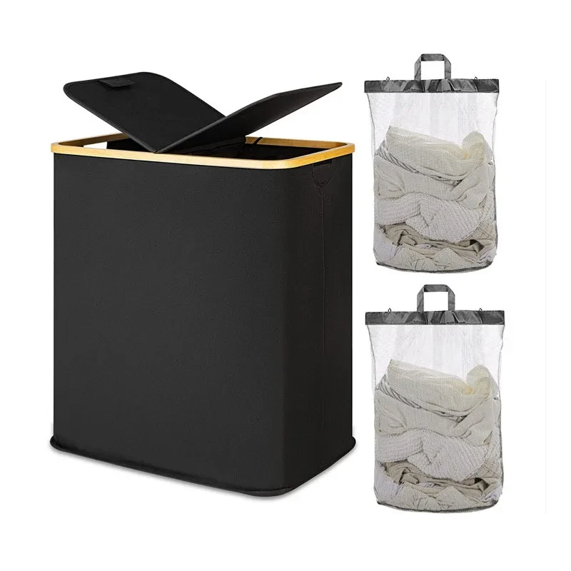 Grands paniers à linge avec couvercle, paniers à linge avec sac intérieur à 2 sections