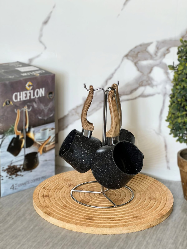 Série de 3 Pots à Café Turc Zazwa OMS en Granite avec Support