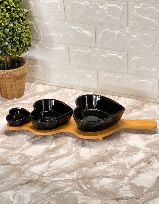 plateau de service 3 bols forme cœur avec support en bois
