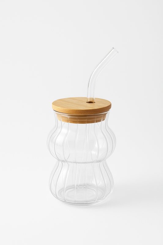 Tasse en Verre avec Couvercle & Paille