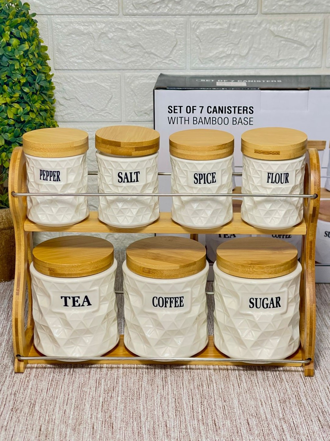 Ensemble de 7 pots à épices en céramique blanc avec support
