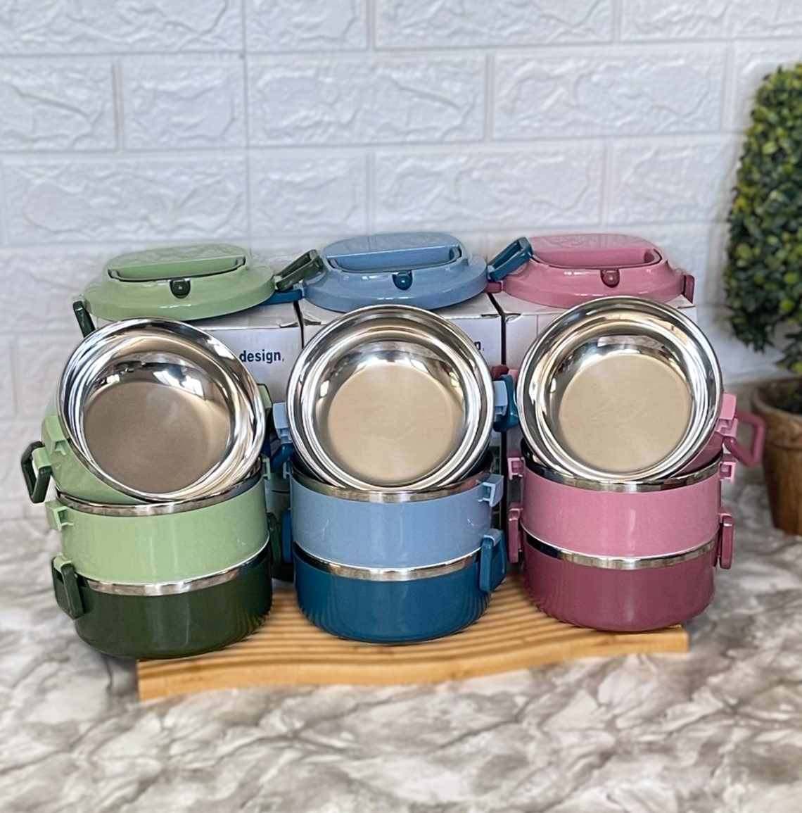 Lunch Box Isotherme Multi-étage Verte Inox avec Poignée
