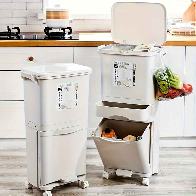 Poubelle domestique 2 étages grande capacité de rangement avec désodorisant, séparation sec / humide et couvercle
