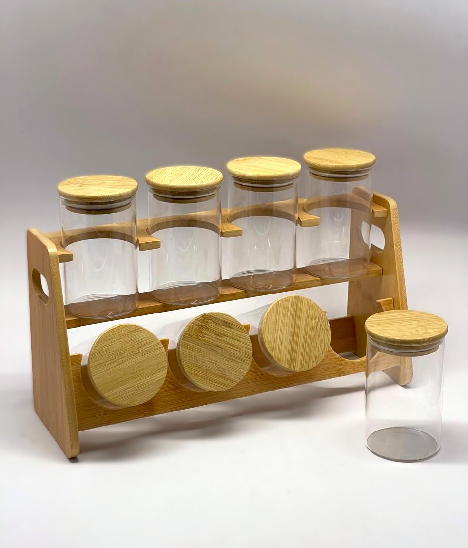 Set de 8 pots à épicés avec support en bambou