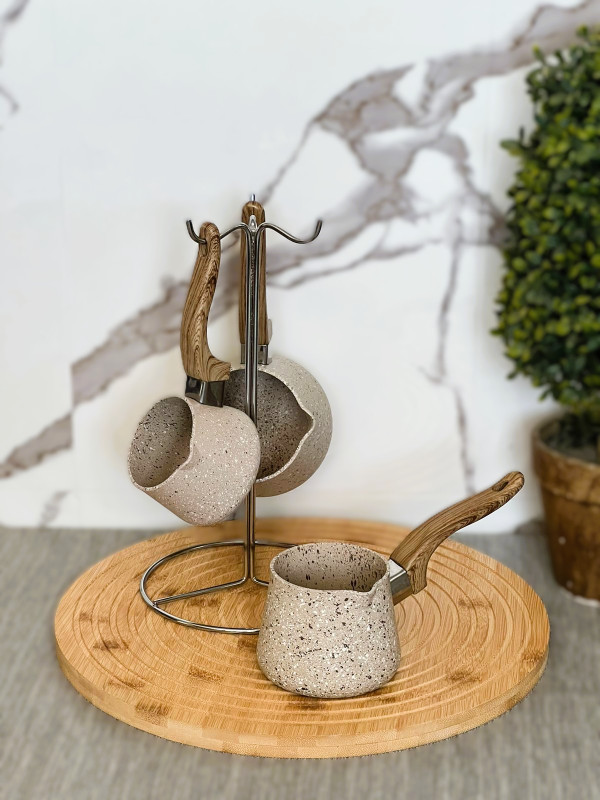 Série de 3 Pots à Café Turc zazoua en Granite avec Support