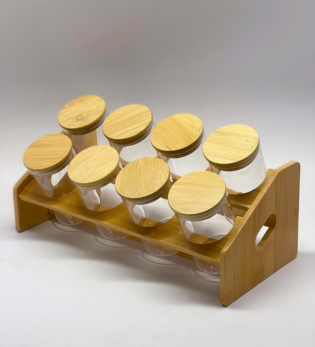 Set de 8 pots à épicés avec support en bambou