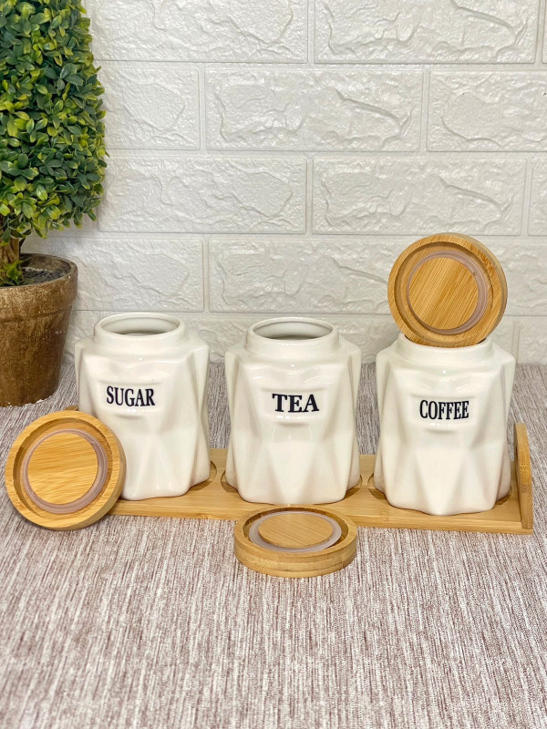 Ensemble de canister de cuisine 3pcs en céramique avec support en bois