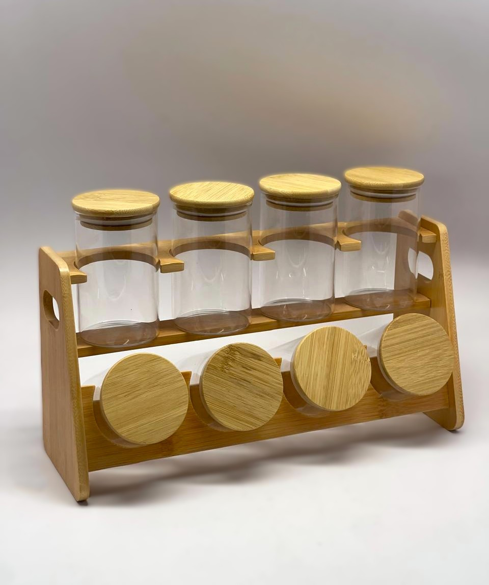 Set de 8 pots à épicés avec support en bambou
