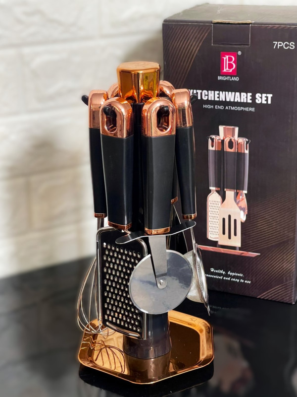 Ustensiles de cuisine 7pcs rose gold et noir avec support