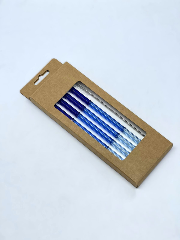 Pack 4 pailles bleu style bamboo avec brosse