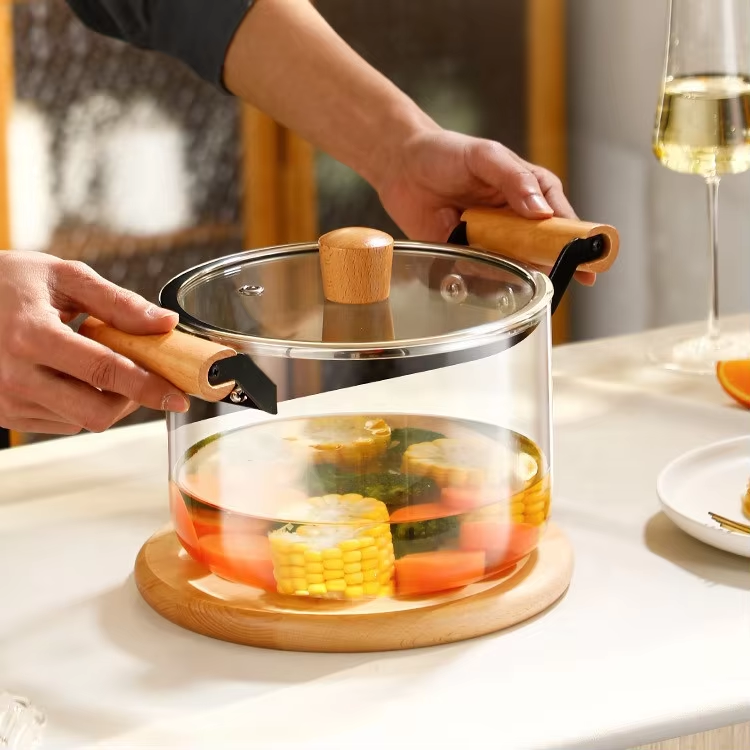 Faitout en verre borosilicate à haute température avec manche en bois