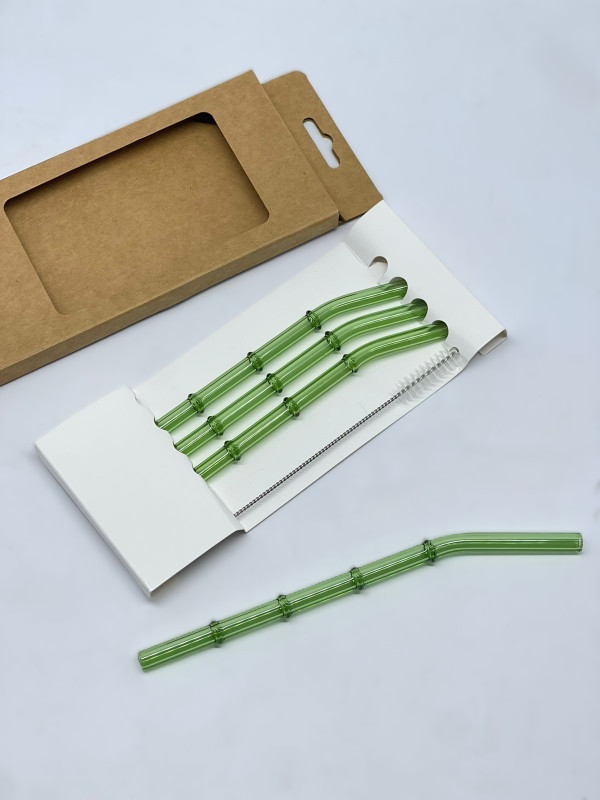 Pack 4 pailles inclinées vert style bamboo avec brosse